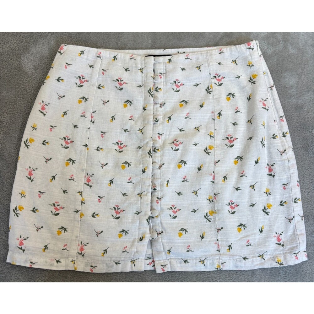 Floral Mini Skirt Womens Medium White Cottagecore Spring Cotton Linen